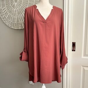 Reitmans Burgundy V-Neck Cuffed Sleeve Tunic Blouse